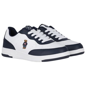 Boys White & Navy Blue Logo Trainers