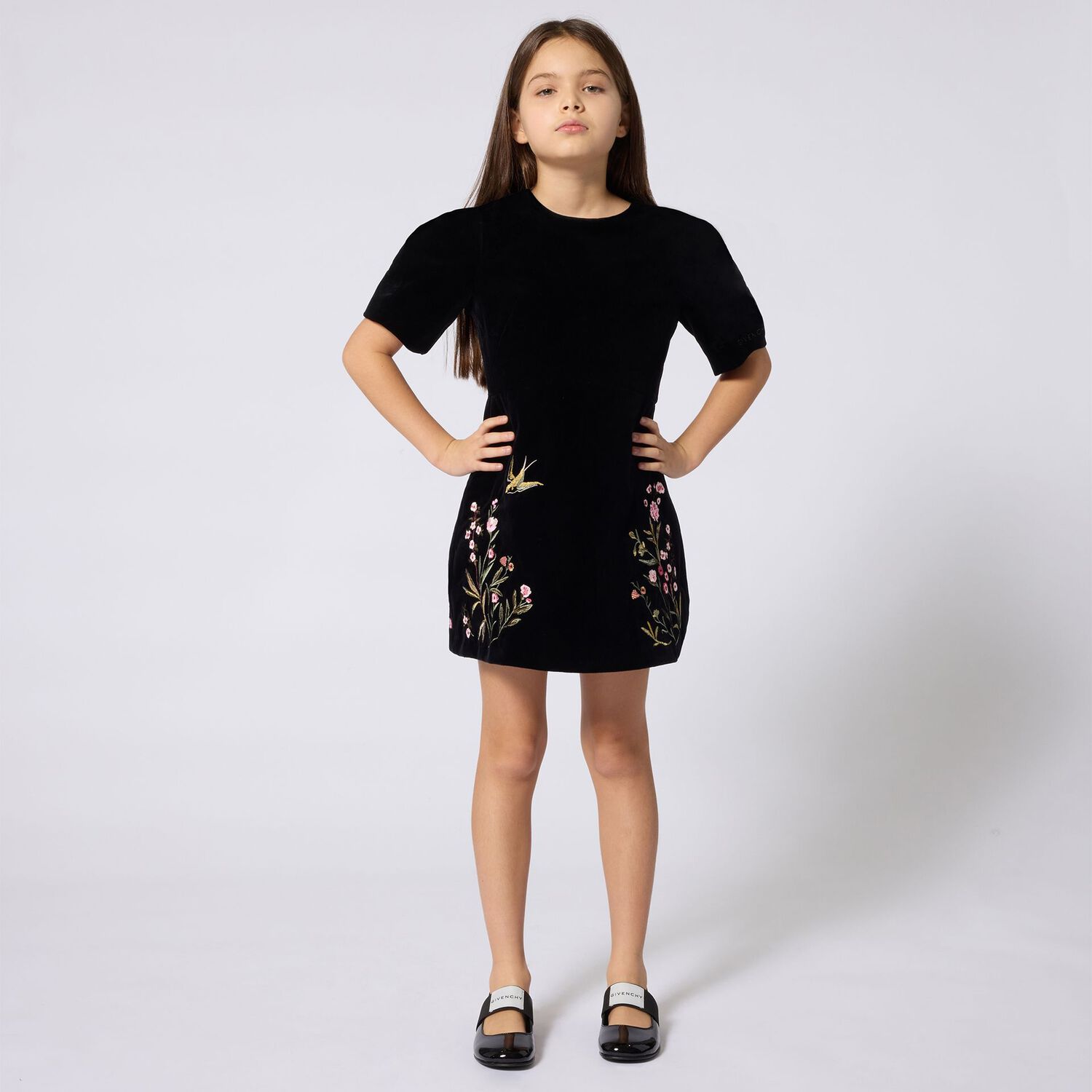 Girls Black Floral Velvet Dress, 1, hi-res