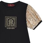 Girls Black & Gold Logo Dress, 1, hi-res