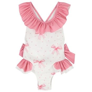 Girls White & Pink Bow Swimsuit