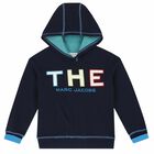 Boys Navy Logo Hooded Top, 1, hi-res