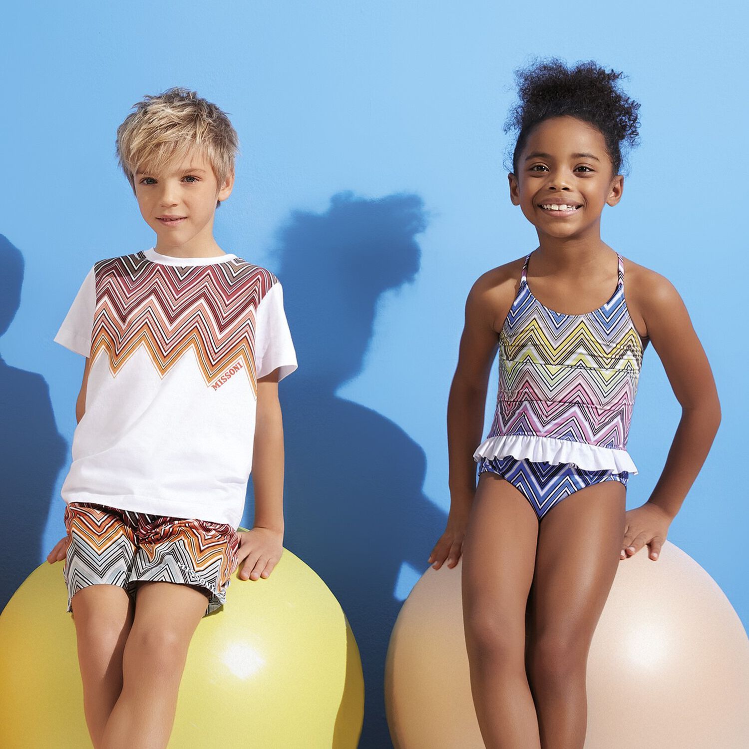 Girls Blue & White Zigzag logo Swimsuit, 1, hi-res