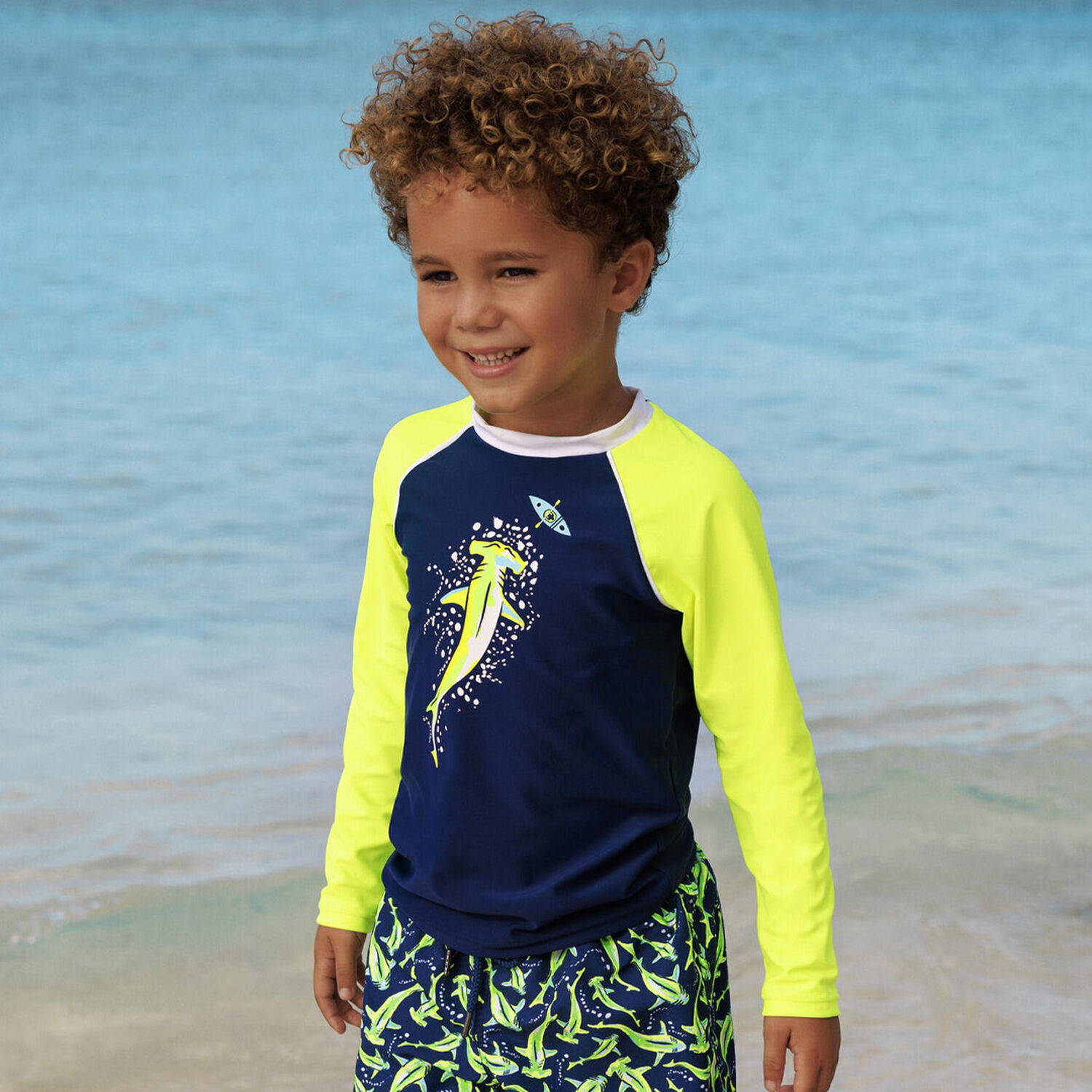 Boys Navy Blue & Neon Yellow Long Sleeve Rash Vest, 1, hi-res image number null