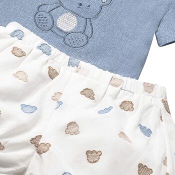 Baby Boys Blue & White Cotton Teddy Shorts Set