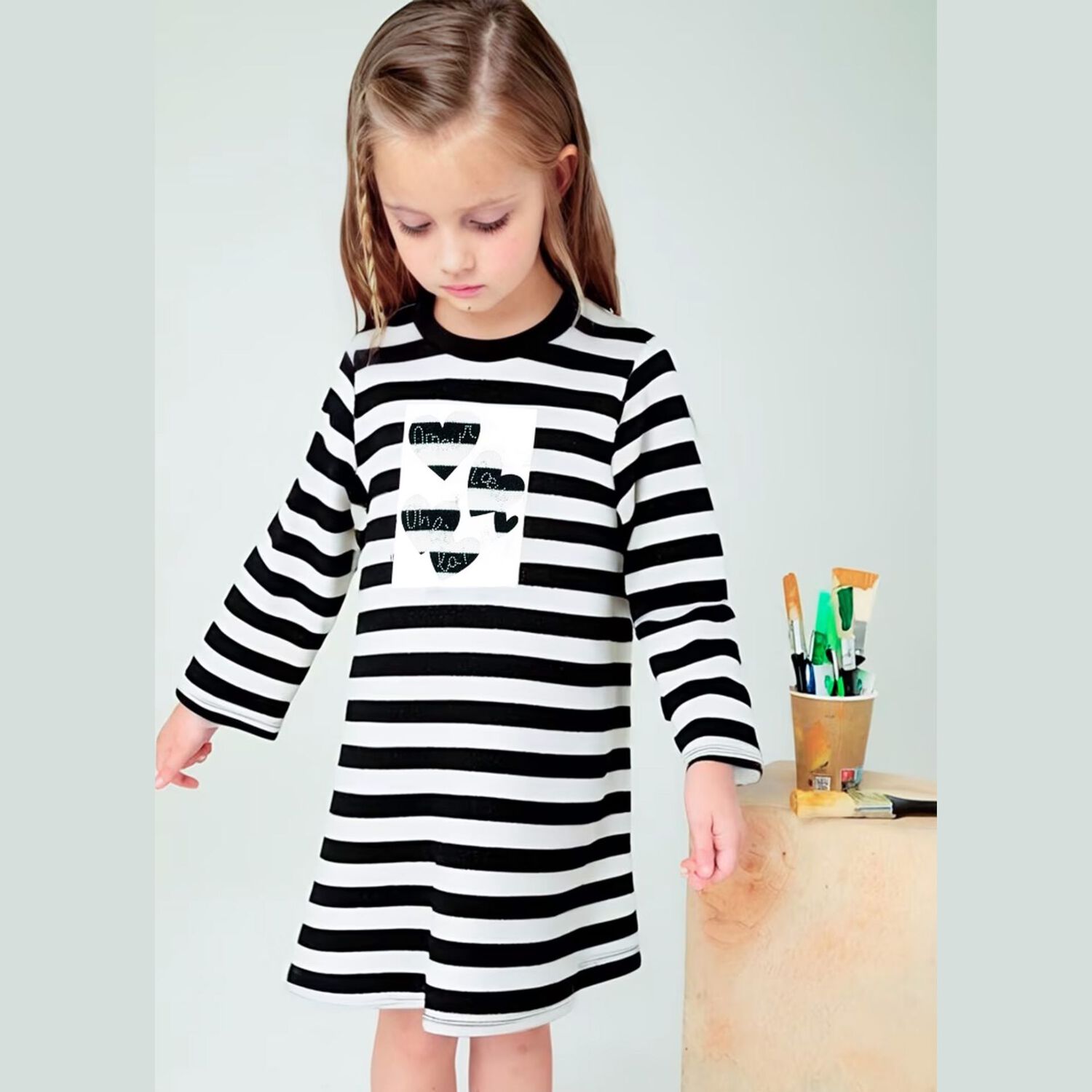 Girls Ivory & Black Striped Dress, 1, hi-res image number null