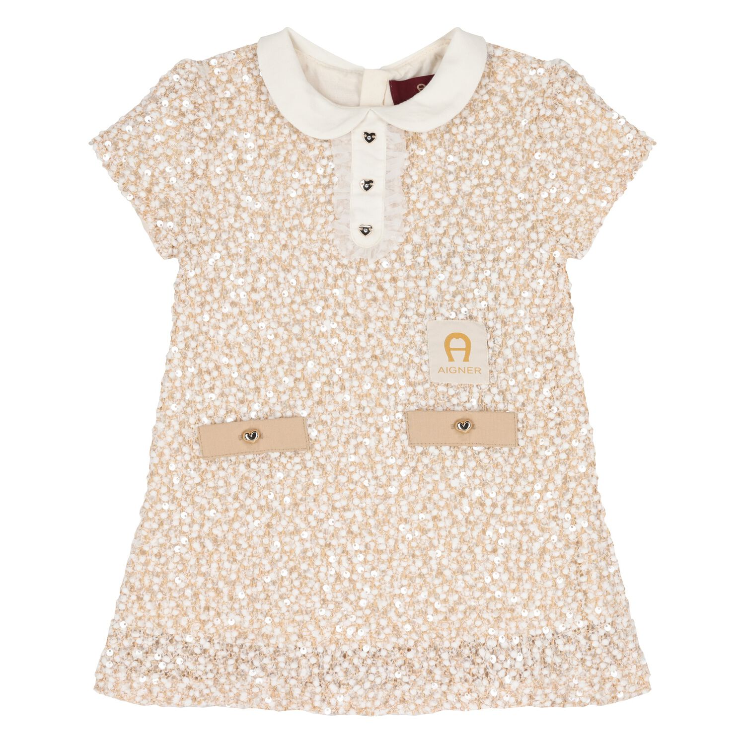 Younger Girls Beige Sequin Dress, 1, hi-res