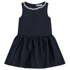 Girls Navy Blue Pearl Satin Dress, 1, hi-res