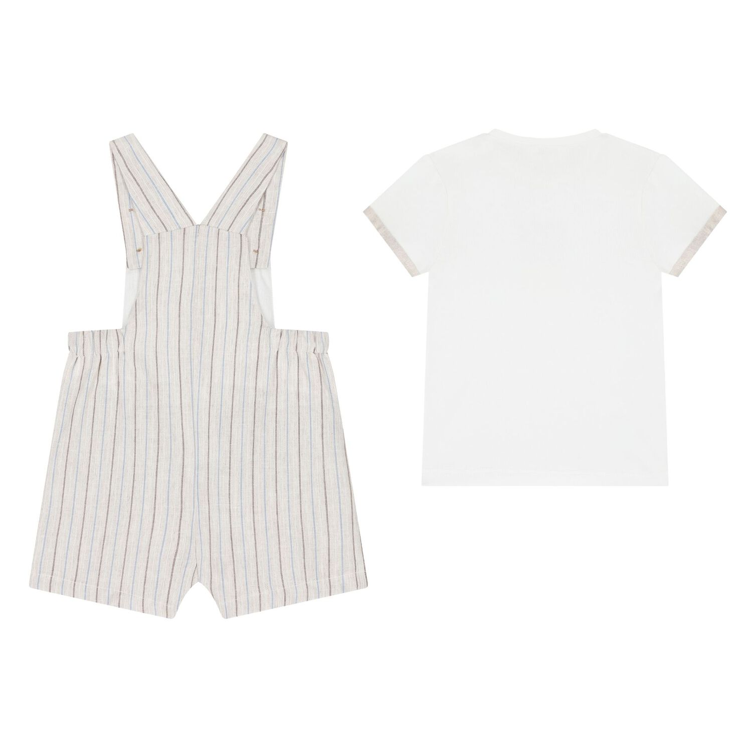 Baby Boys Beige & White Dungaree Set, 1, hi-res