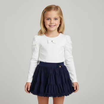 Girls White Bow Long Sleeve Top