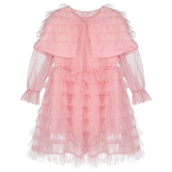 Girls Pink Ruffle Tulle Cape Dress