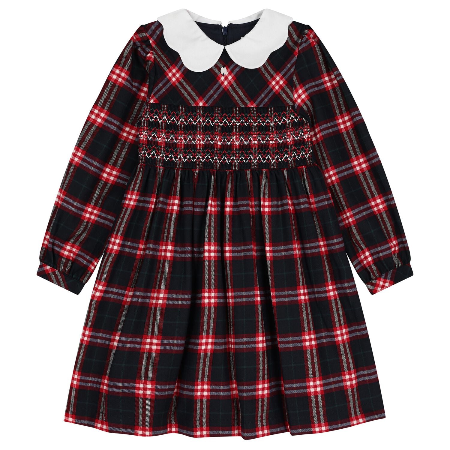 Girls Navy Blue & Red Tartan Check Dress, 1, hi-res