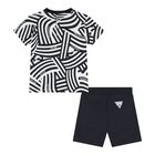 Baby Boys White & Navy Blue Logo Shorts Set, 3, hi-res