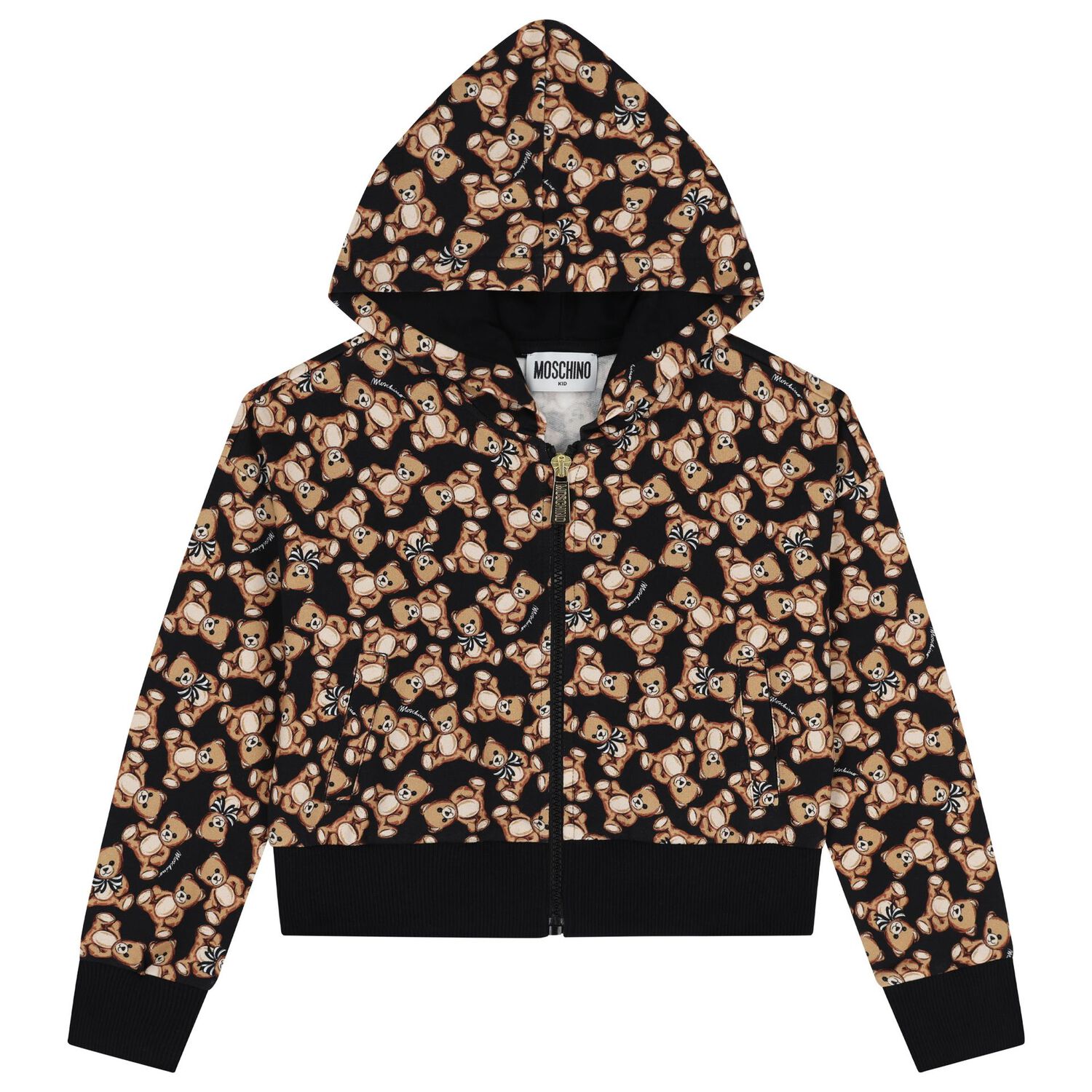 Girls Black Teddy Bear Hooded Zip Up Top, 1, hi-res image number null
