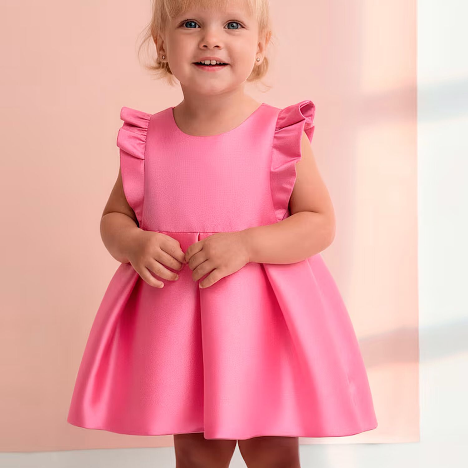 Younger Girls Pink Satin Dress, 1, hi-res