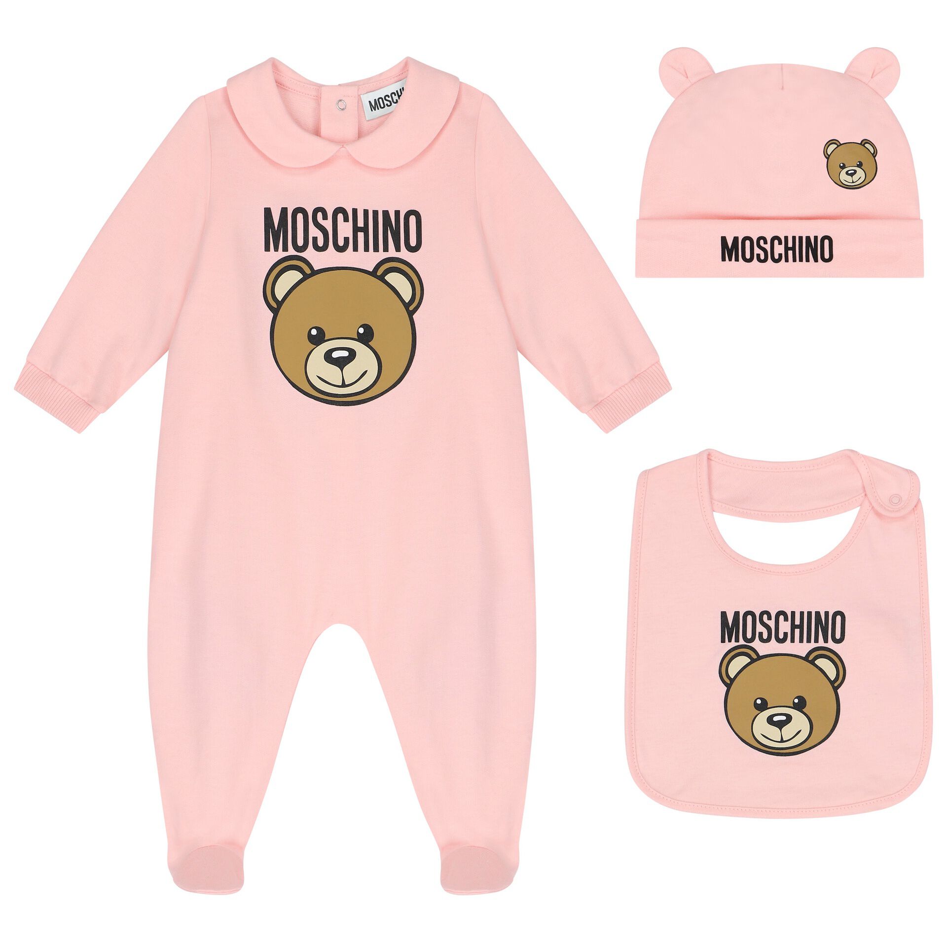 Moschino Baby Girls Pink Teddy Bear Logo Babygrow Gift Set Junior Couture UK