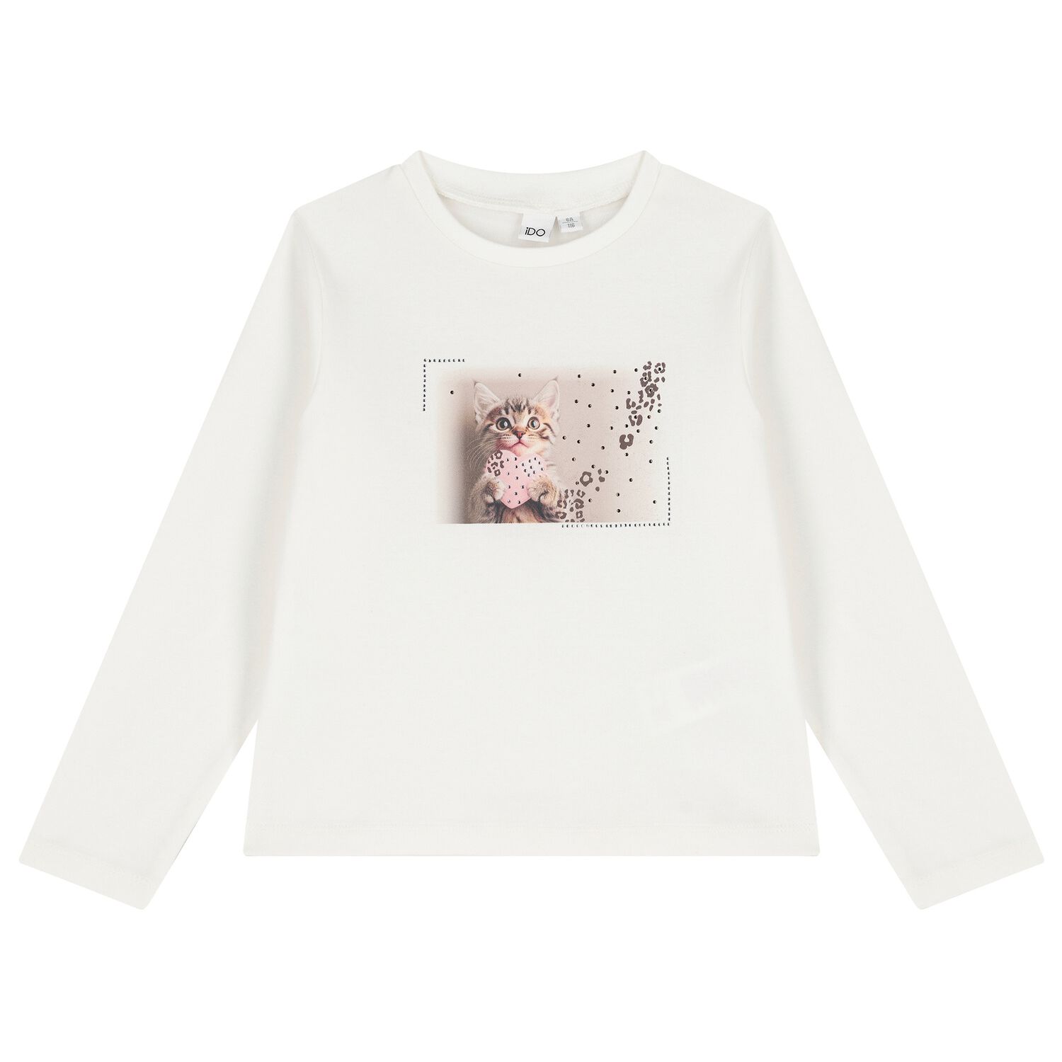 Girls Ivory Kitten Long Sleeve Top, 1, hi-res