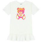 Girls White Teddy Bear Logo Dress, 3, hi-res
