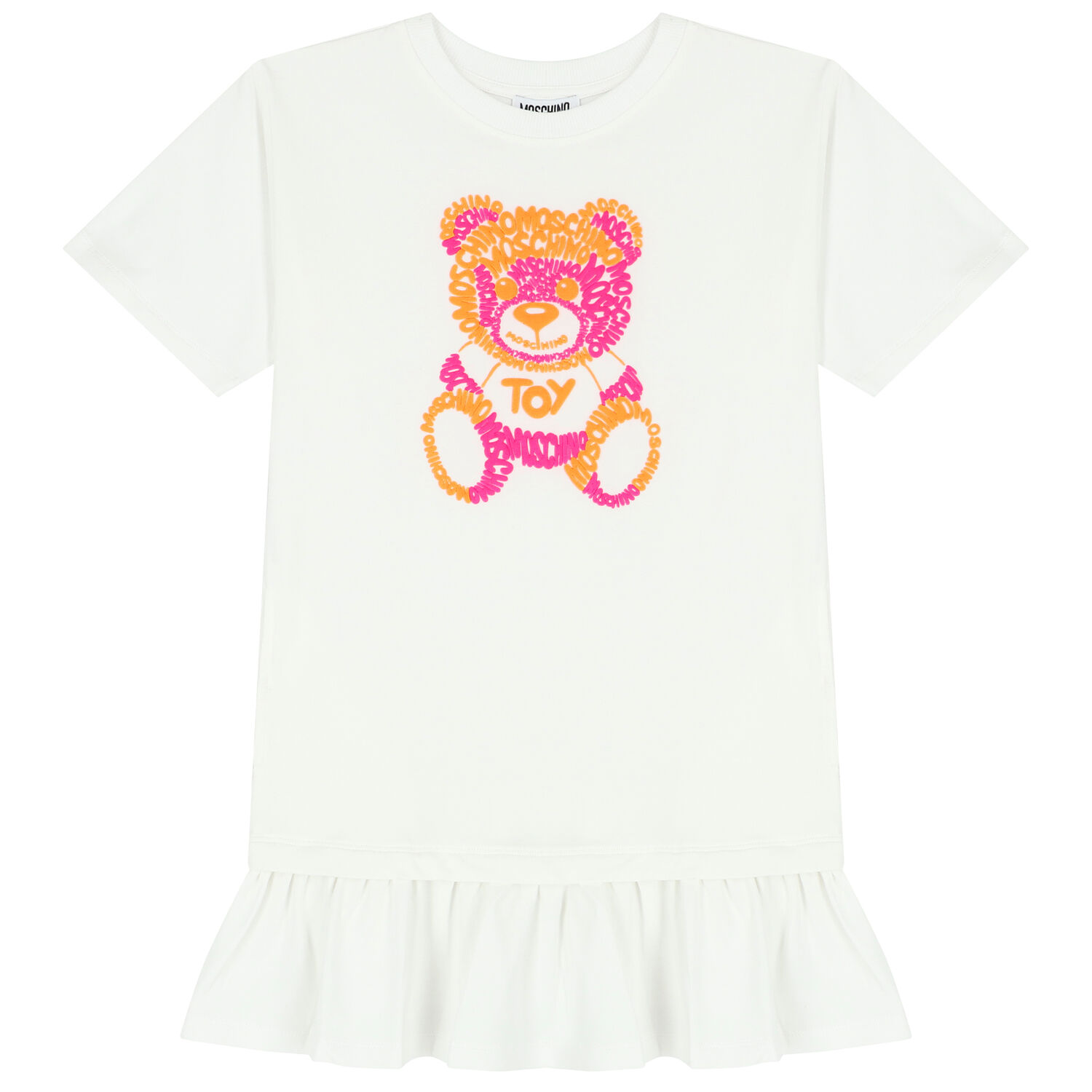 Girls White Teddy Bear Logo Dress, 3, hi-res