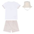 Baby Boys White & Beige Striped Shorts & Hat Set, 1, hi-res
