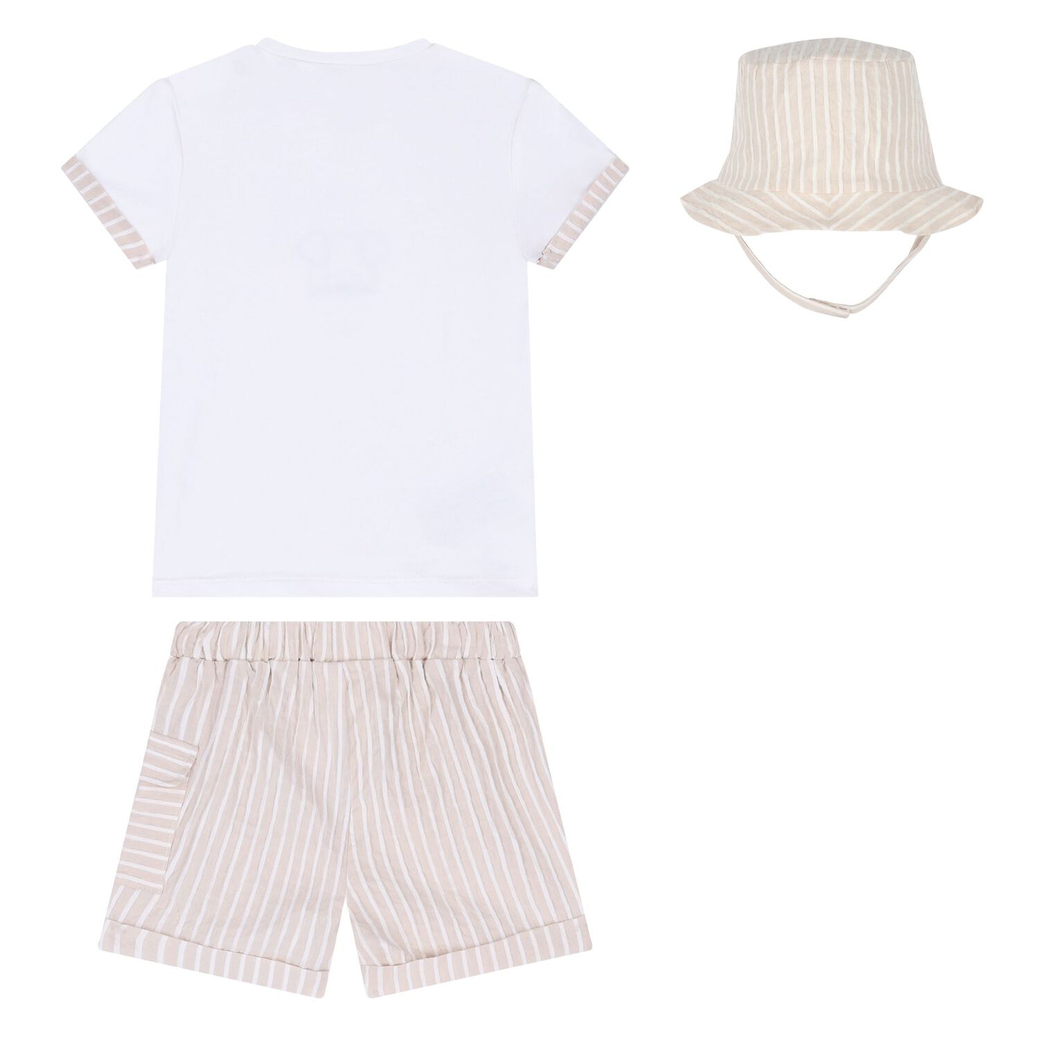 Baby Boys White & Beige Striped Shorts & Hat Set, 1, hi-res