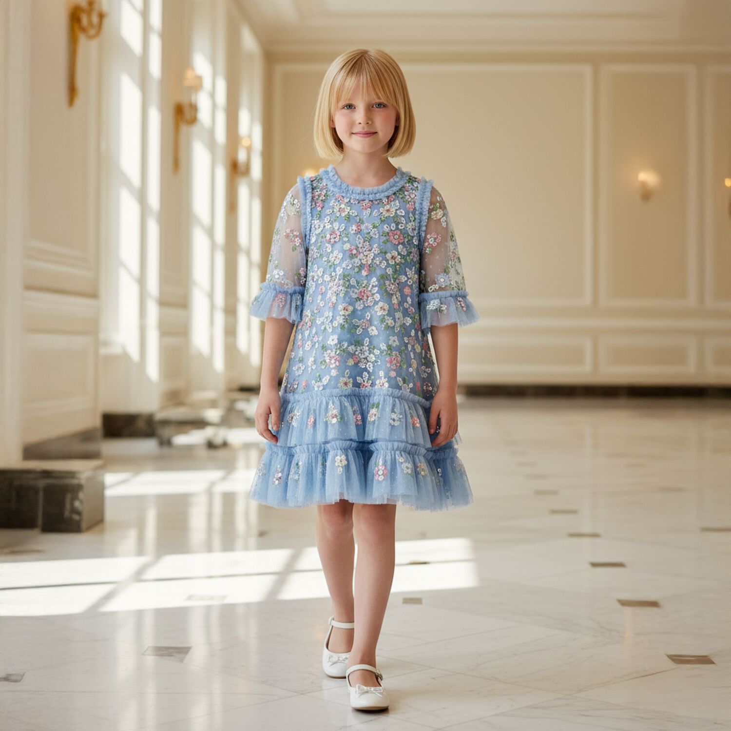 Girls Blue Floral Tulle & Sequin Dress, 1, hi-res image number null
