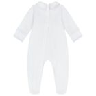 Baby Boys White and Blue Smocked Babygrow, 1, hi-res