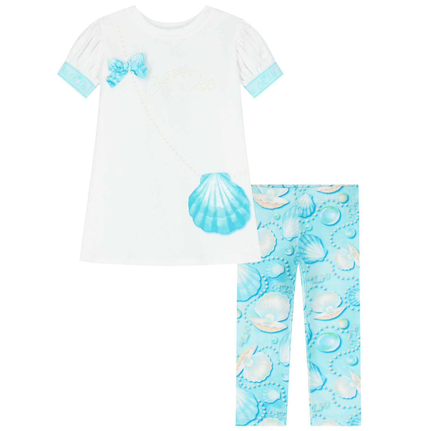 Girls White & Blue Logo Bag Leggings Set, 1, hi-res