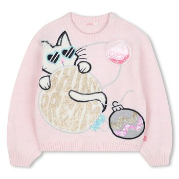 Girls Pink Cat Knitted Sweatshirt