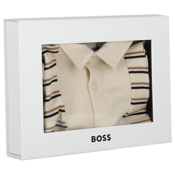 Baby Boys Beige Logo Striped Romper 