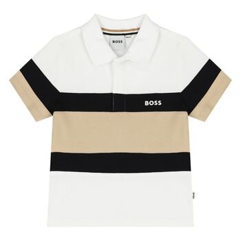 Younger Boys White, Black & Beige Logo Polo Shirt