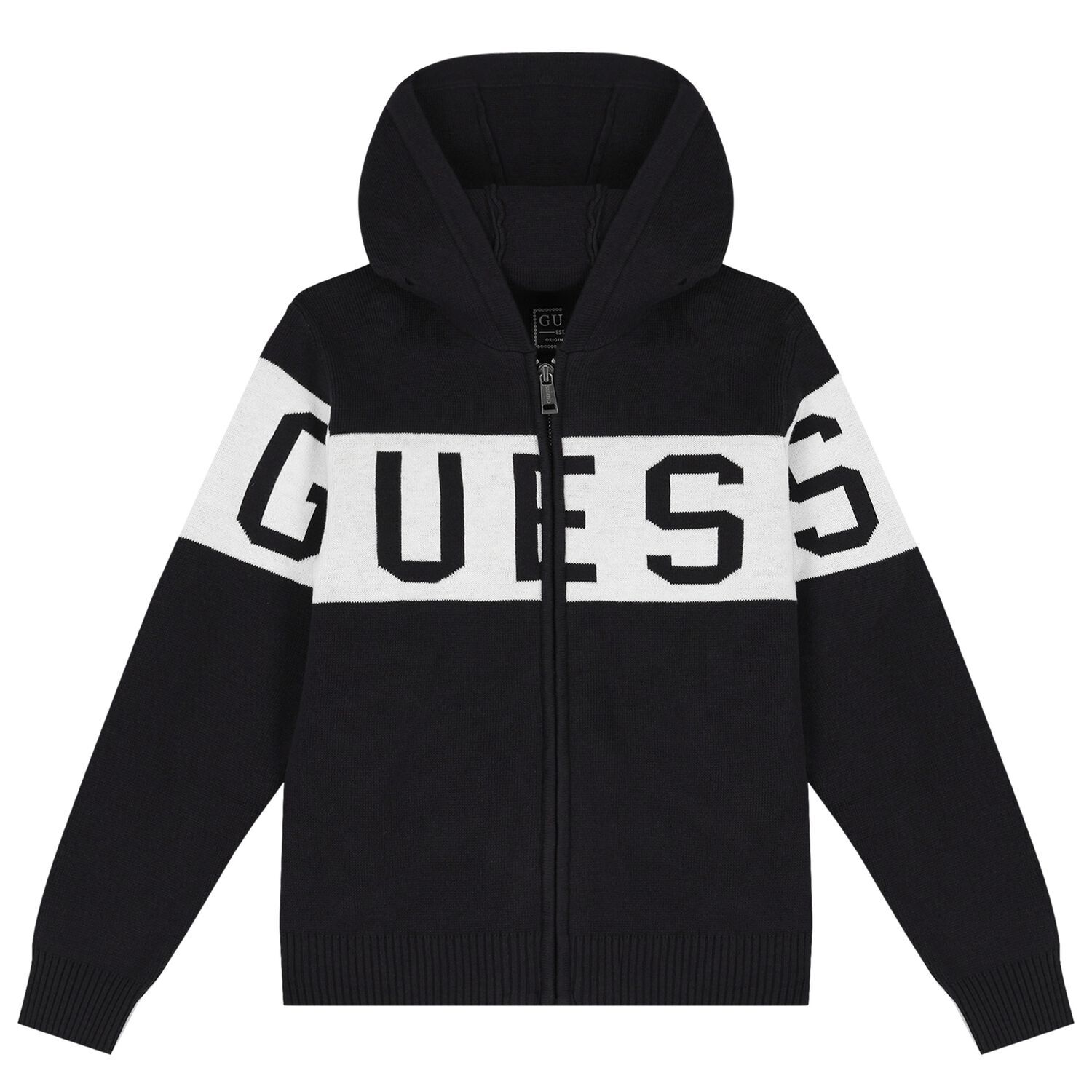 Boys Black & White Logo Knitted Hooded Zip Up Top, 1, hi-res