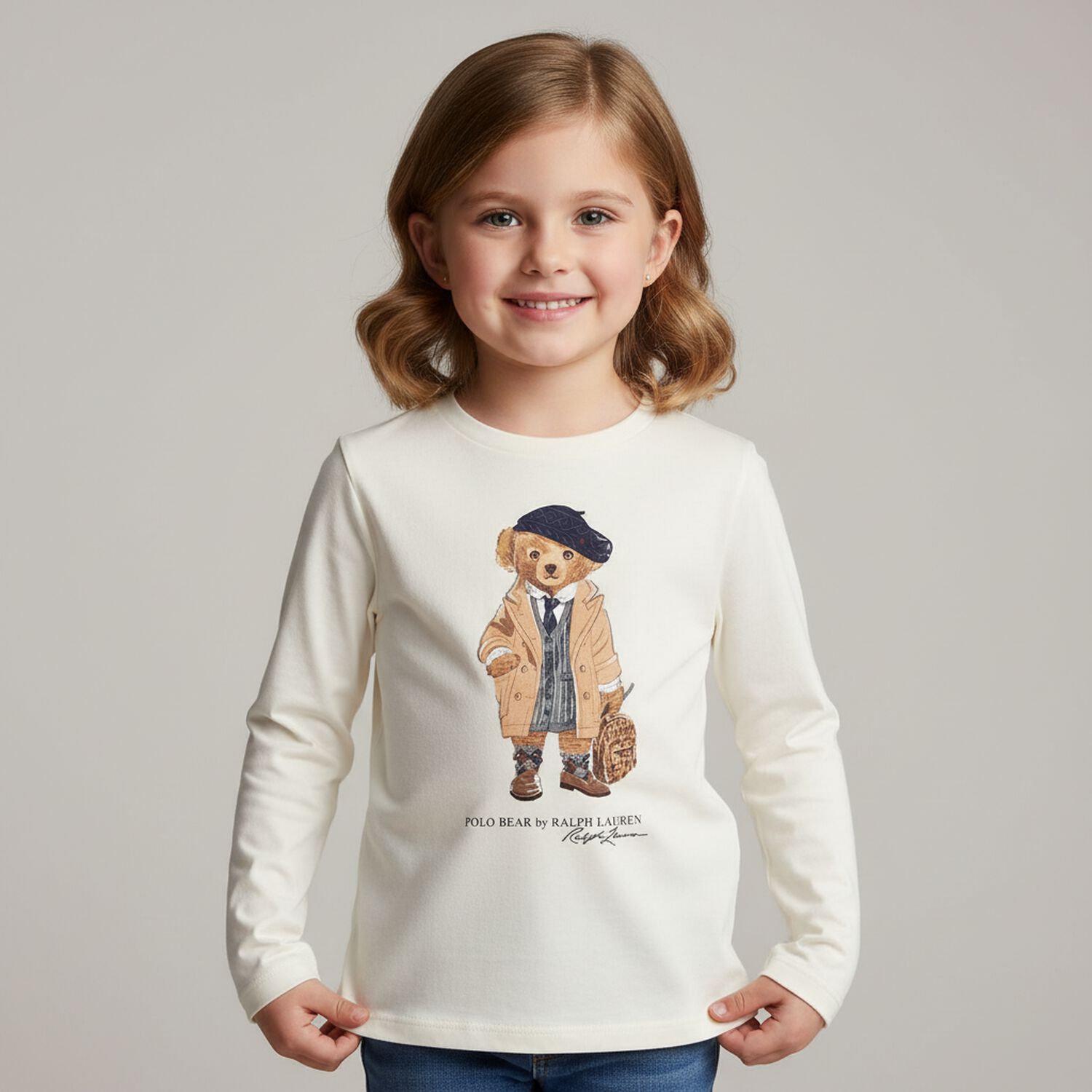 Girls White Polo Bear Long Sleeve Top, 1, hi-res