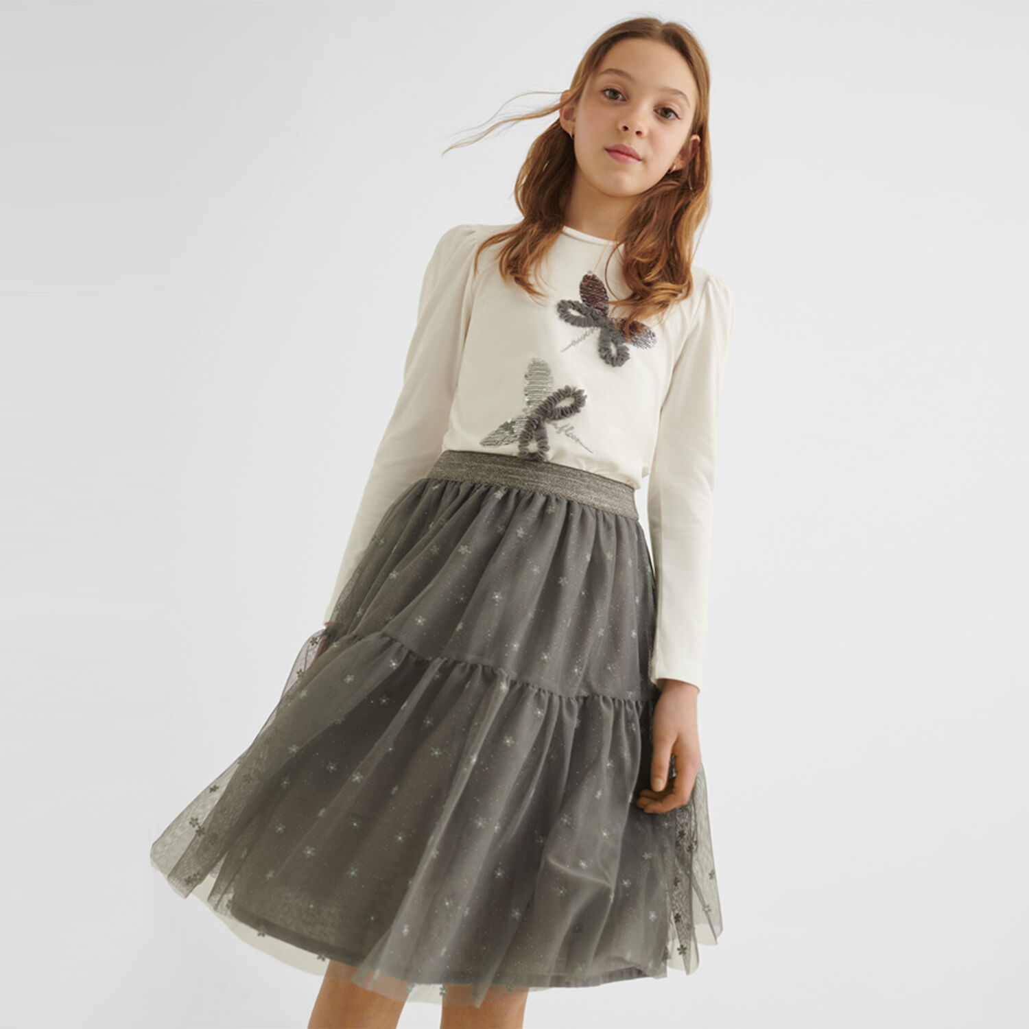 Girls Grey Flower Tulle Skirt, 1, hi-res