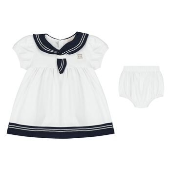 Baby Girls White & Navy Blue Logo Dress Set