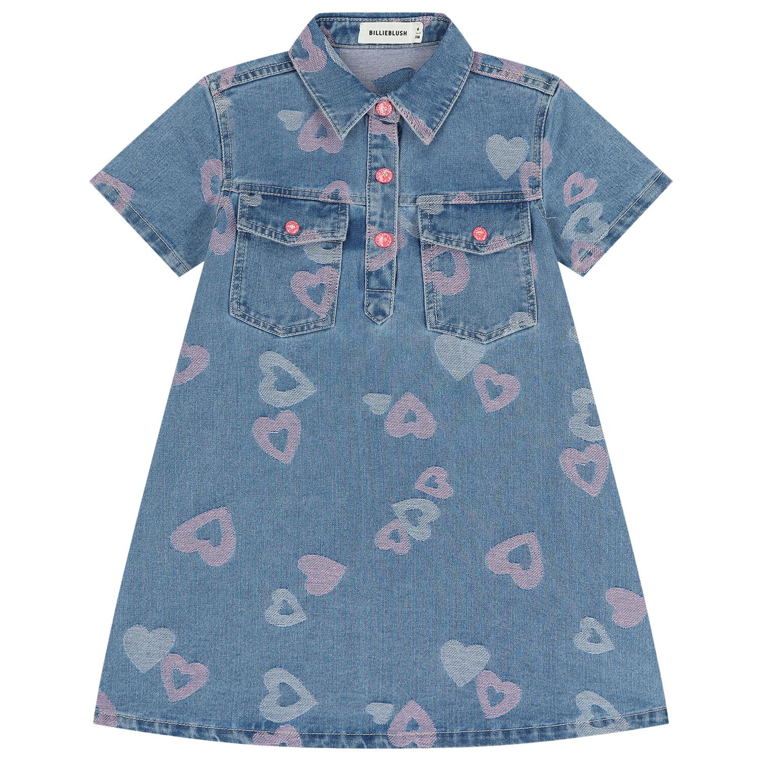 Girls Blue Denim Jacquard Heart Dress, 1, hi-res