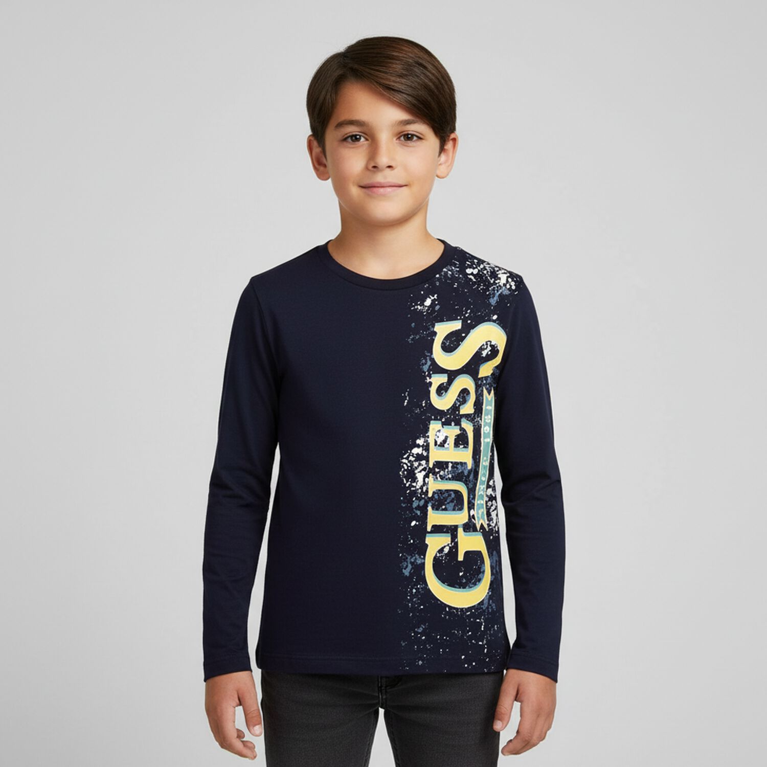 Boys Navy Blue Logo Long Sleeve Top, 2, hi-res