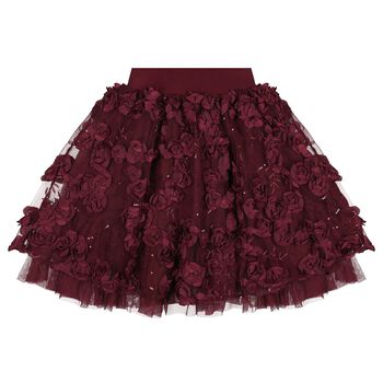 Girls Burgundy 3D Flower & Sequin Tulle Aliza Skirt