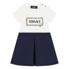 Younger Girls White & Navy Blue Logo Dress, 1, hi-res