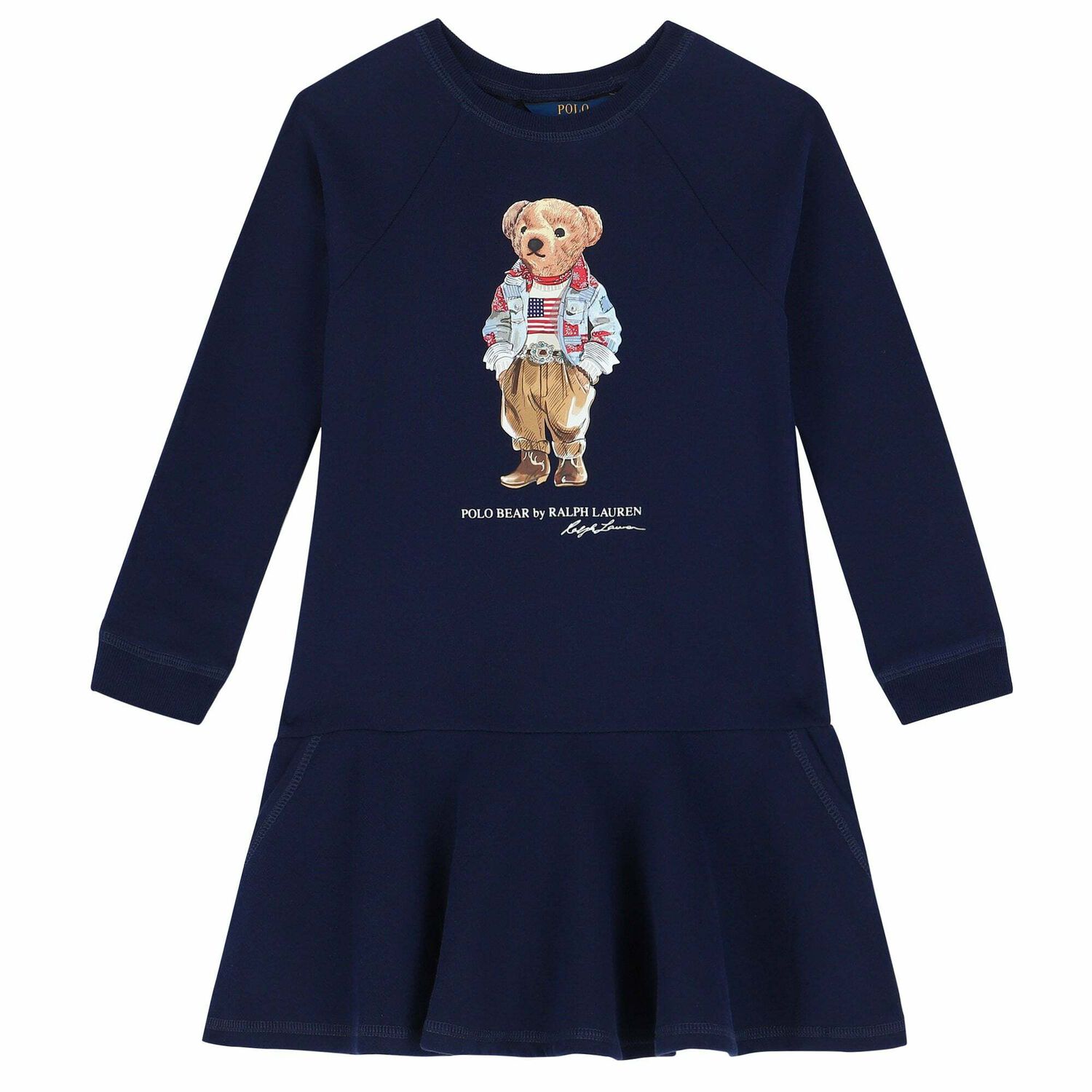 Girls Navy Bear Sweatshirt Dress, 1, hi-res