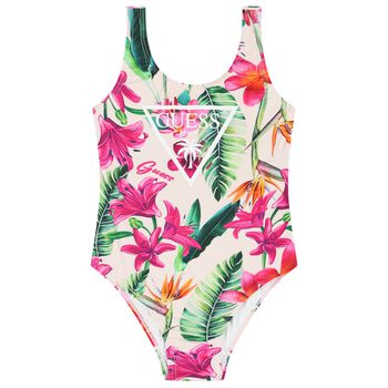 Girls Ivory Floral Logo Swimsuit