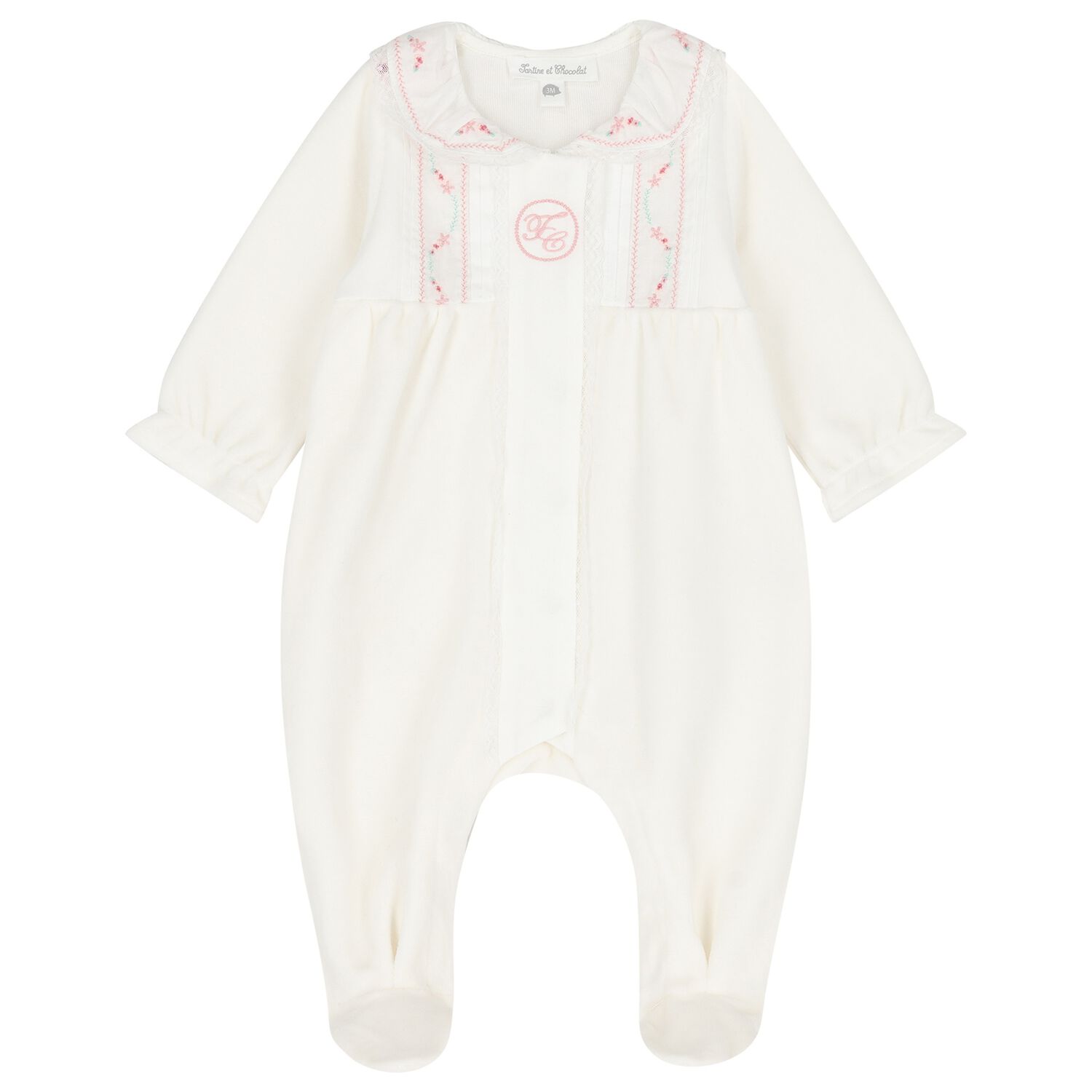 Baby Girls Ivory Embroidered Collar Babygrow, 1, hi-res