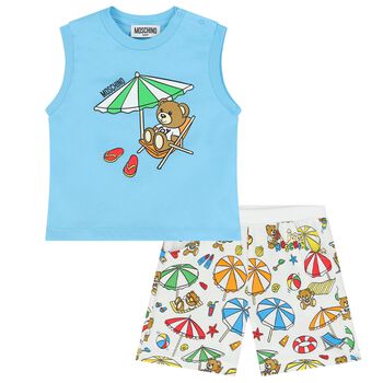 Blue & White Teddy Bear Logo Shorts Set