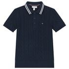 Boys Navy Blue Cable Knit Polo Shirt, 1, hi-res