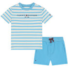 Blue & White Striped Logo Baby Shorts Set, 1, hi-res