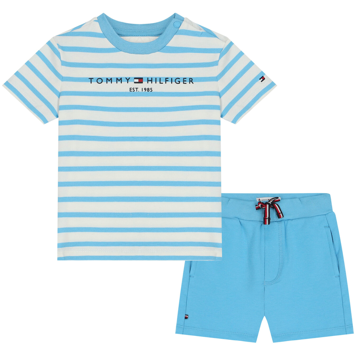 Blue & White Striped Logo Baby Shorts Set, 1, hi-res