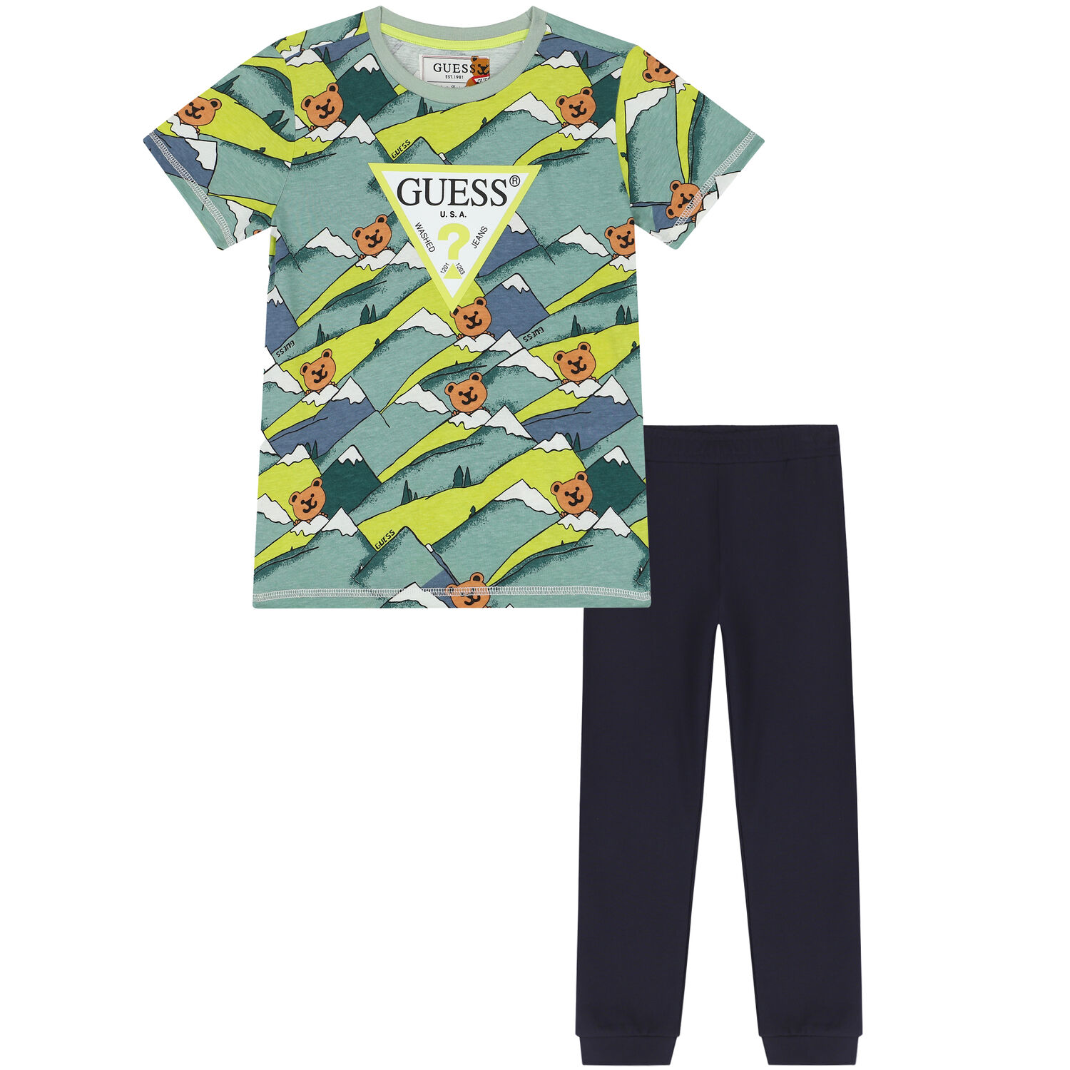 Boys Green & Navy Logo Trousers Set, 1, hi-res
