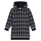 Girls Navy Logo Hooded Knitted Dress, 1, hi-res