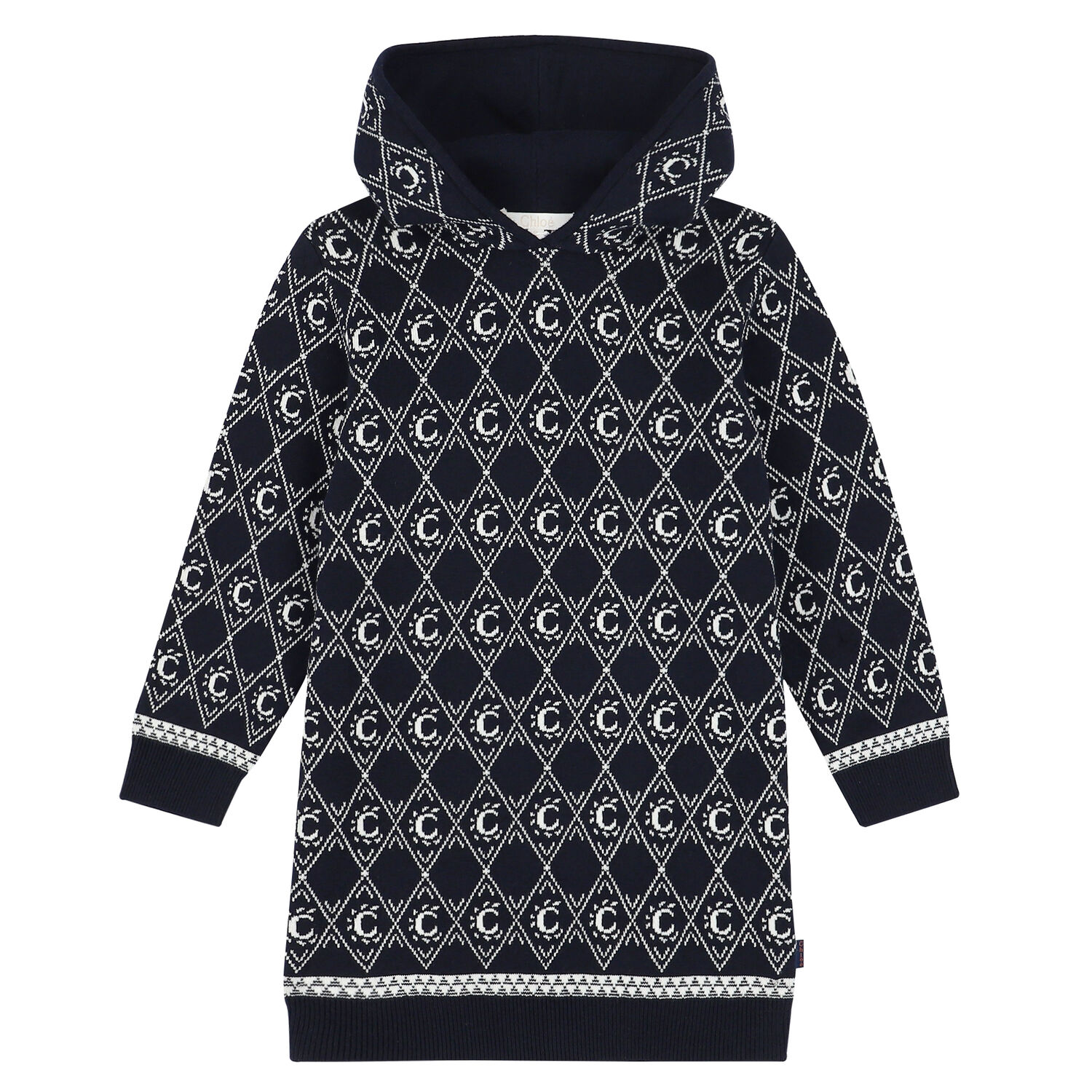 Girls Navy Logo Hooded Knitted Dress, 1, hi-res