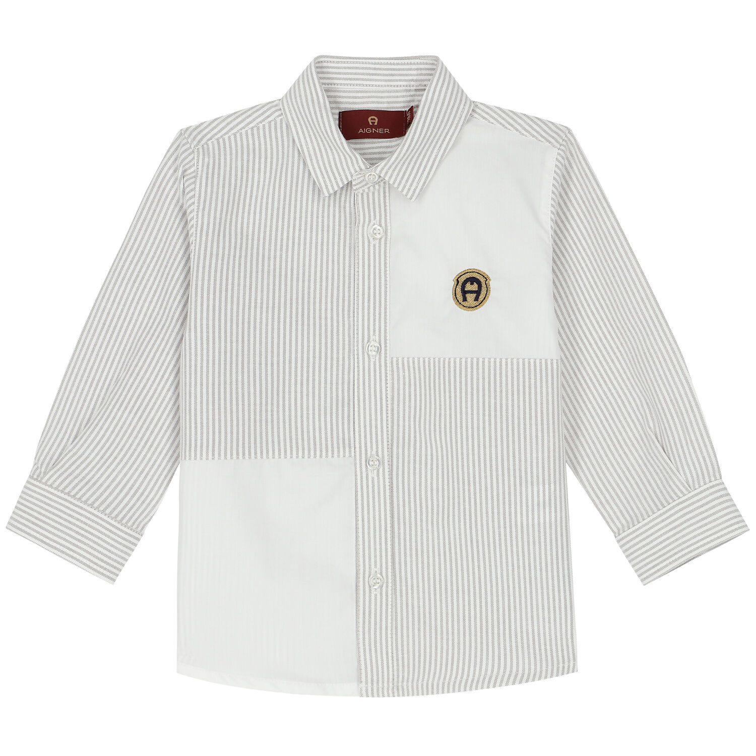 Younger Boys White & Grey Striped Logo Shirt, 1, hi-res