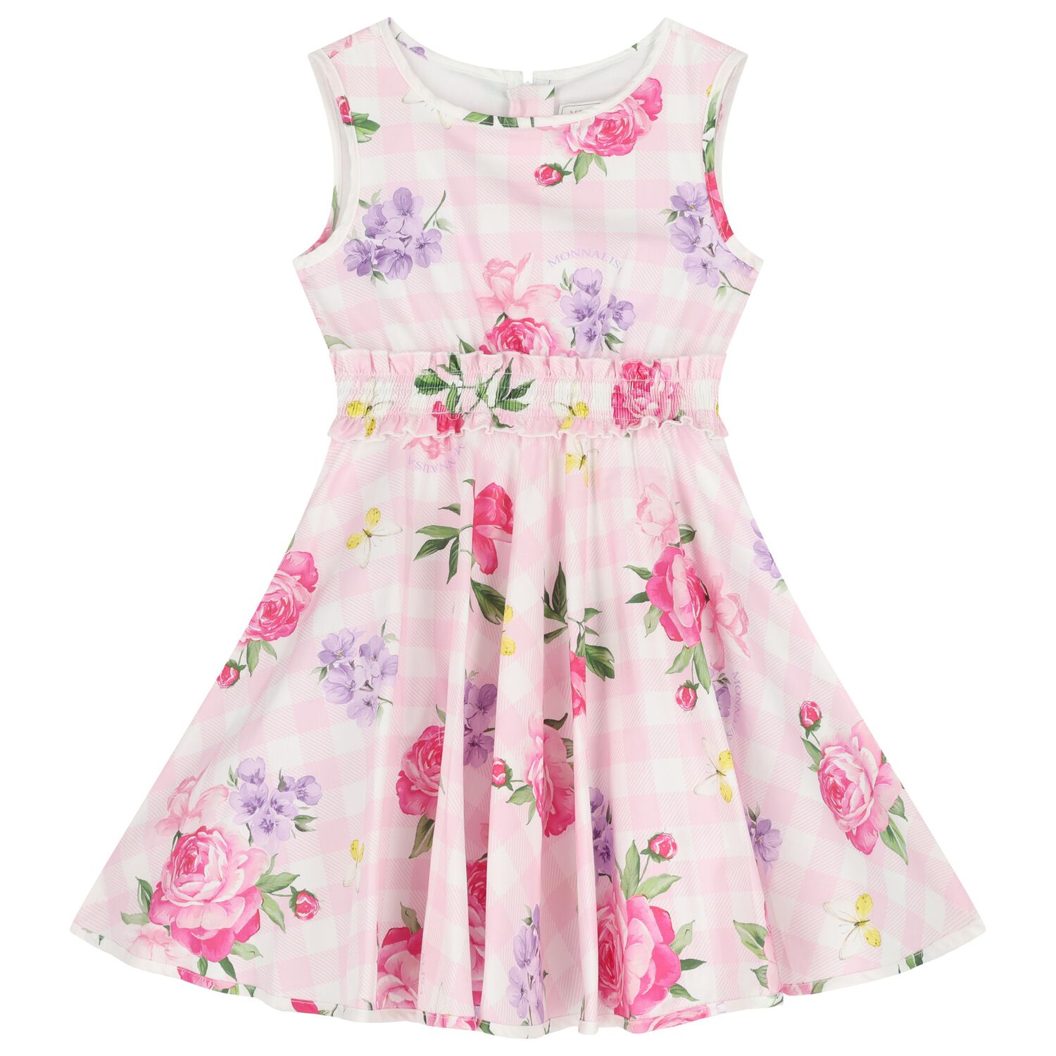 Girls Pink & White Floral Gingham Dress, 2, hi-res